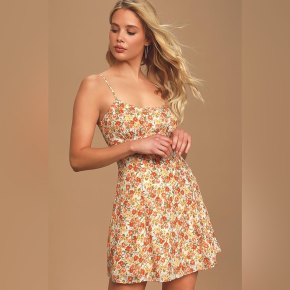 Lulu's Cream Floral Spaghetti-Strap Mini Dress with Orange & Green Accent - Picture 3 of 7
